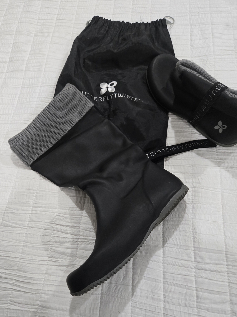 Butterfly Twists Black Mid-Calf Rain Boots with Gray Knit Cuff
